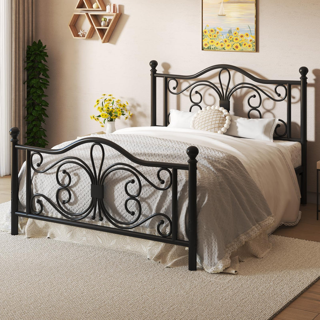 Black Full Bed Frame with Butterfly Pattern Headboard & Footboard G43722