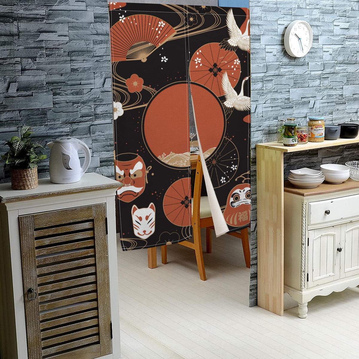 Japanese Noren Doorway Curtain Red Fan Painted Tapestry 33.5"x 70.9" O58749
