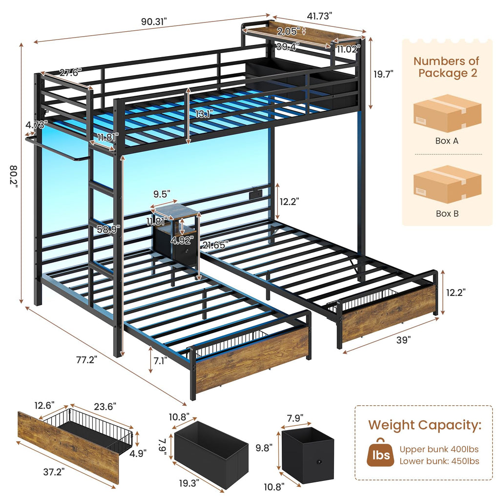 Black Twin Over Twin Triple Bunk Bed with Storage Drawers P127