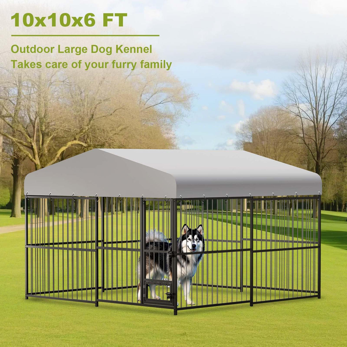 10 x 10FT Heavy Duty Metal Outdoor Dog Kennel with Roof J32337