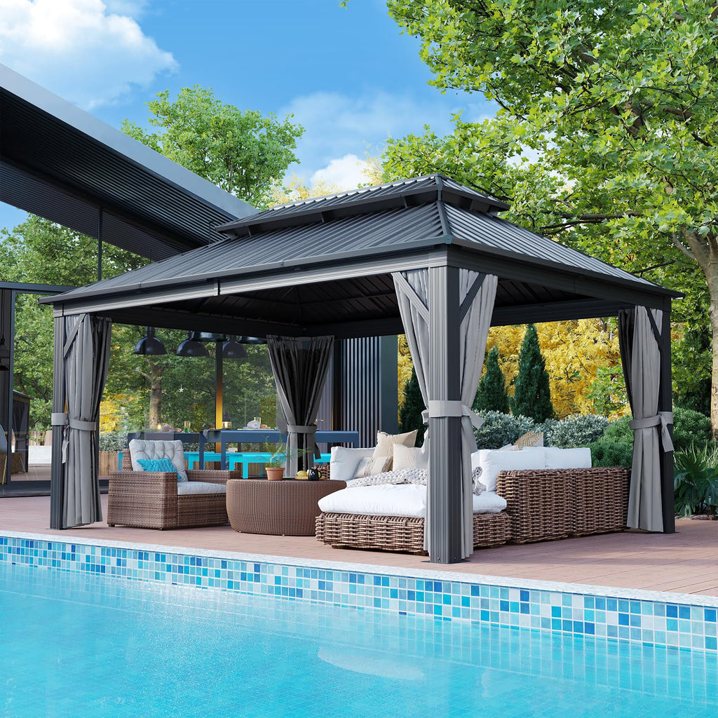 12FT X 16FT Hardtop Gazebo with Mosquito Netting and Curtains M11526