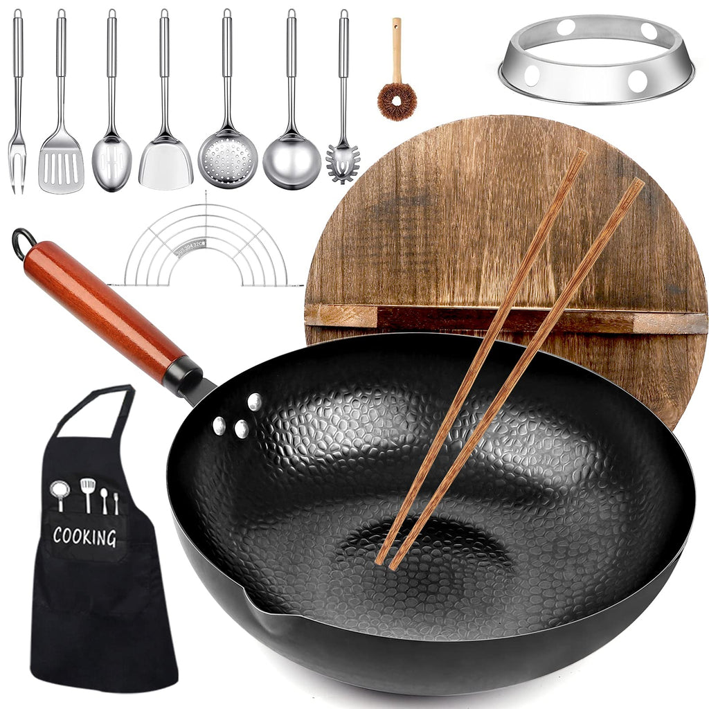 14 Piece Carbon Steel Wok Pan Set with Wooden Lid G28810