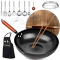 14 Piece Carbon Steel Wok Pan Set with Wooden Lid G28810