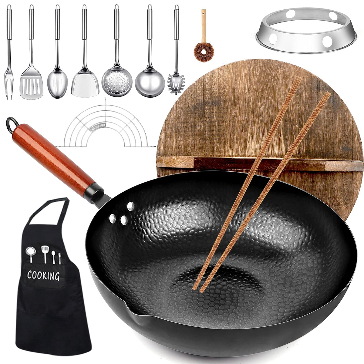 14 Piece Carbon Steel Wok Pan Set with Wooden Lid G28810