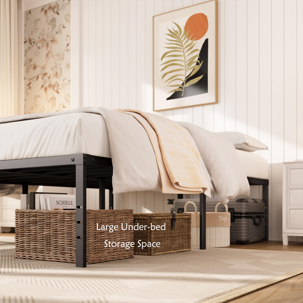 Queen Size Platform Bed Frame Steel Slat Support Black Z7781