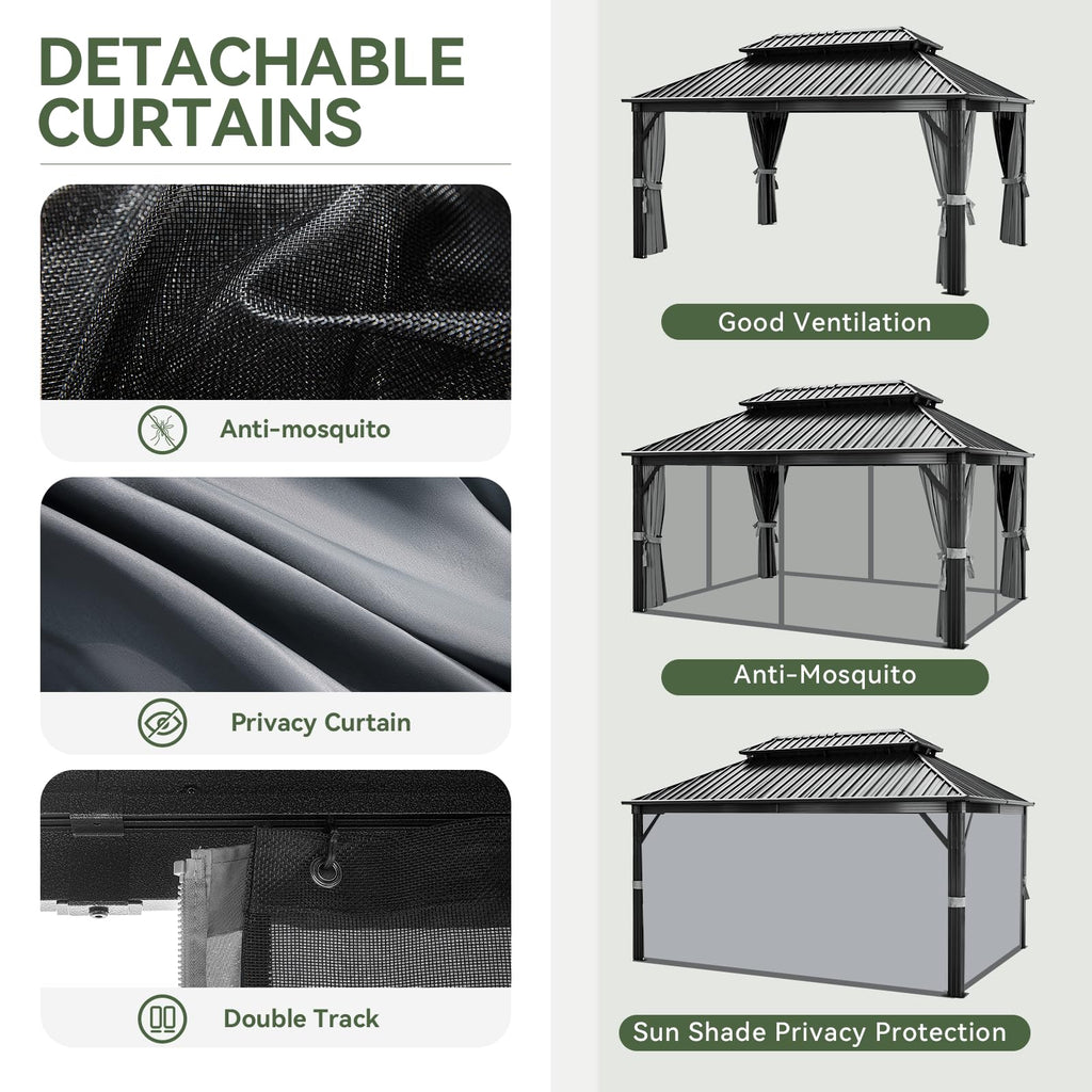 12FT X 16FT Hardtop Gazebo with Mosquito Netting and Curtains M11526