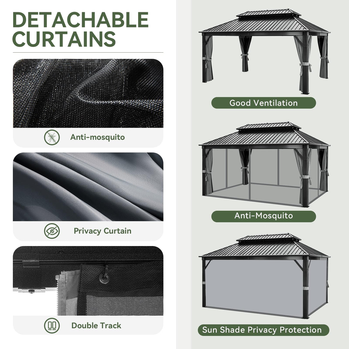 12FT X 16FT Hardtop Gazebo with Mosquito Netting and Curtains M11526