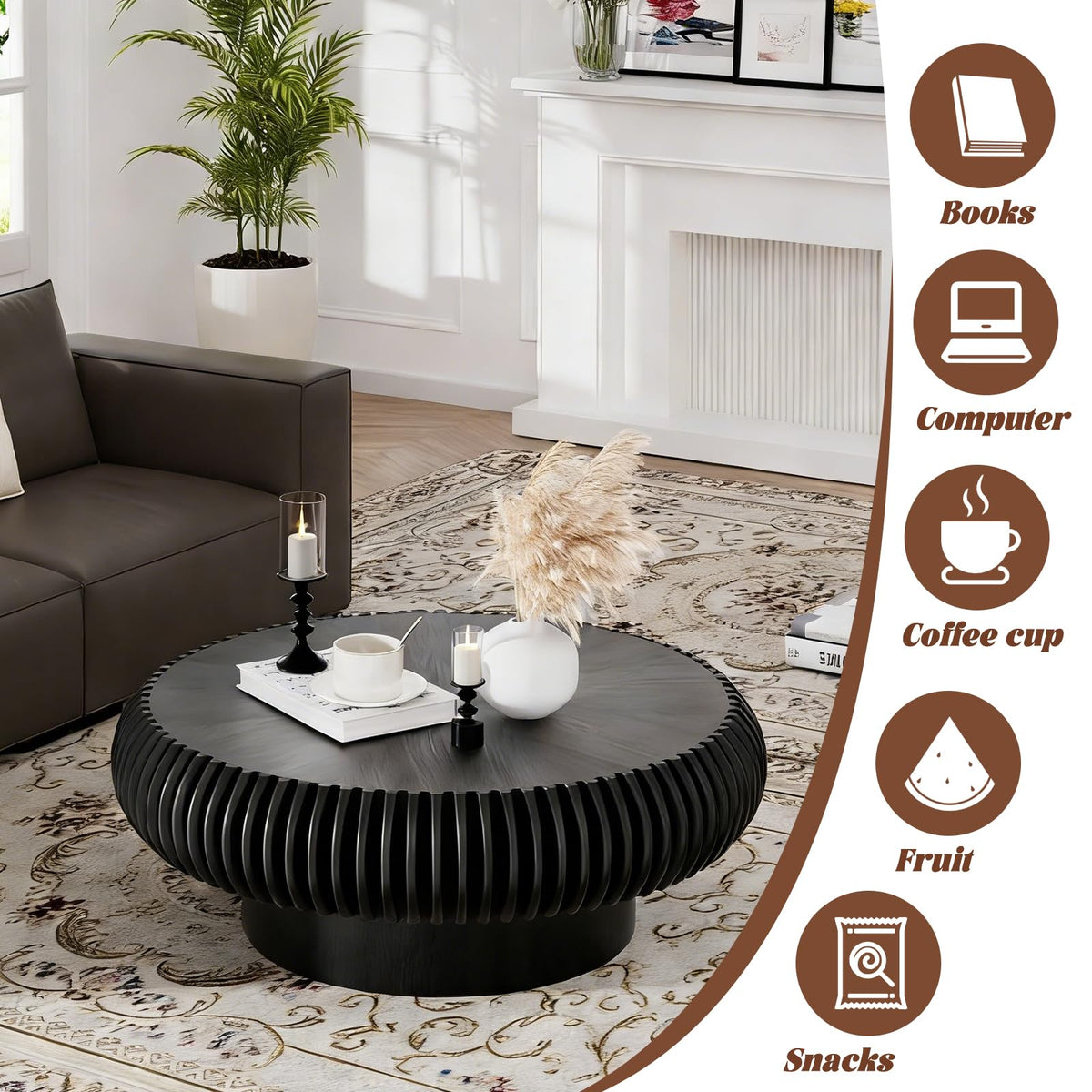 Black Round Fluted Drum Coffee Table J7299
