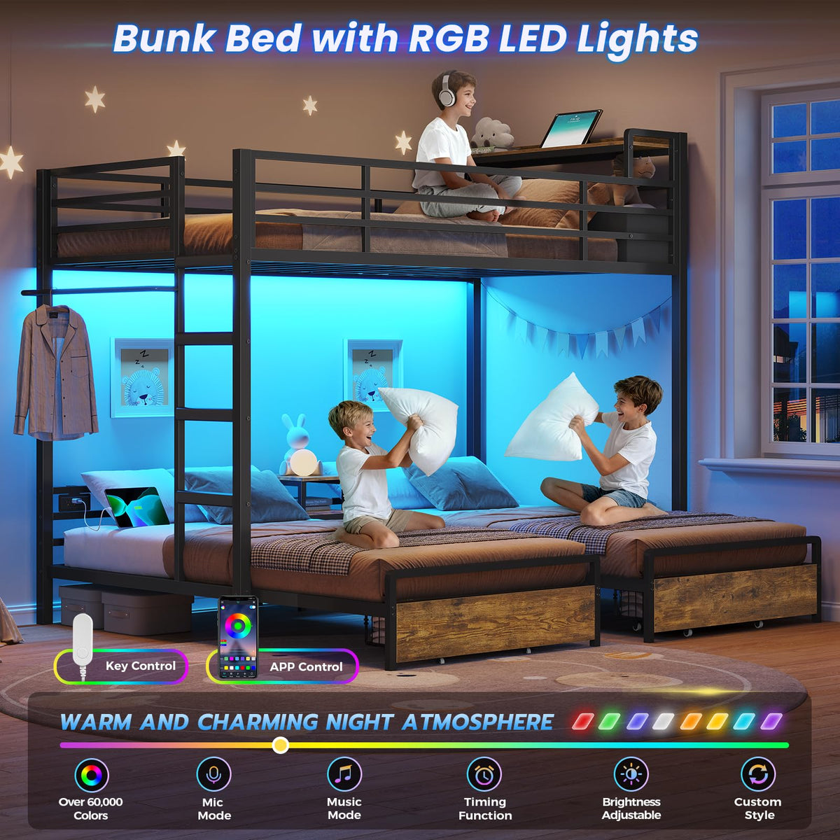 Black Twin Over Twin Triple Bunk Bed with Storage Drawers P127