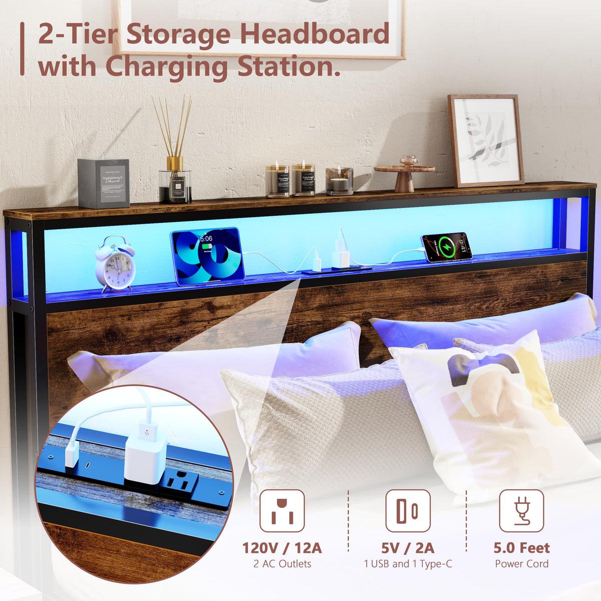 Queen Bed Frame with Storage Headboard & 6 Drawers V745