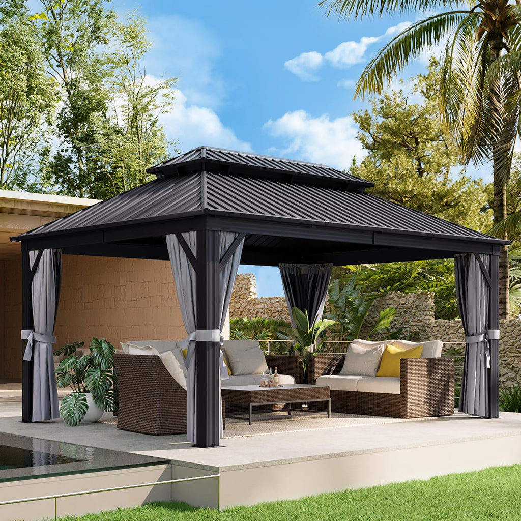 12FT X 16FT Hardtop Gazebo with Mosquito Netting and Curtains M11526