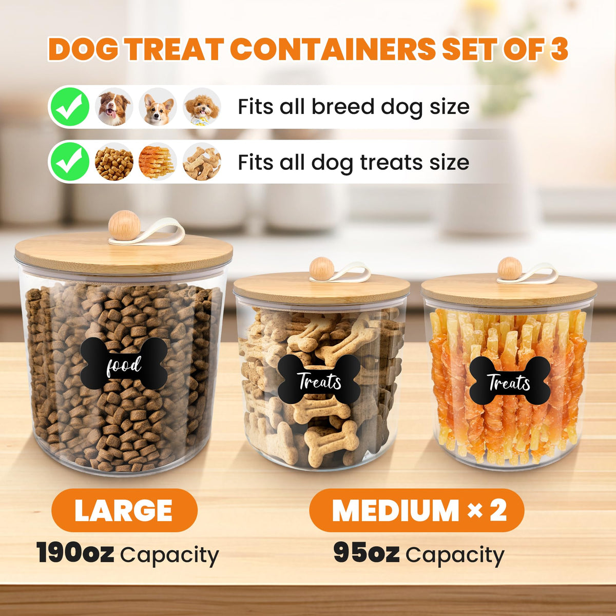 3 Pack Airtight Dog Food Storage Container with Bamboo Lids U7446