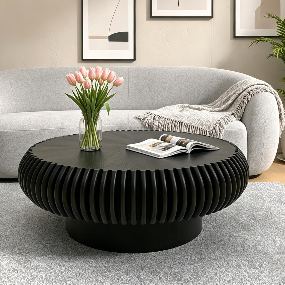 Black Round Fluted Drum Coffee Table J7299