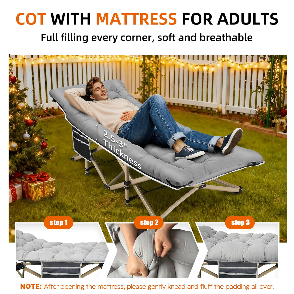 Portable Camping Cot Extra Wide with Thick Mattress Grey X3468
