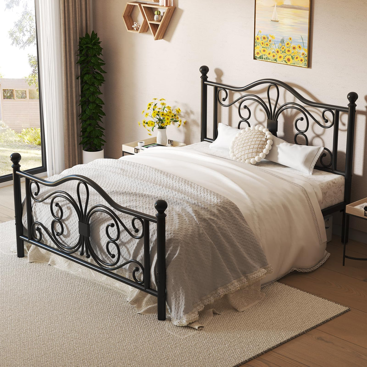 Black Full Bed Frame with Butterfly Pattern Headboard & Footboard G43722