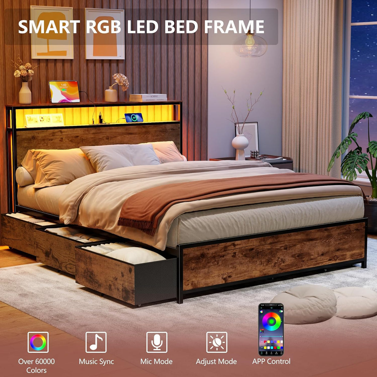 Queen Bed Frame with Storage Headboard & 6 Drawers V745