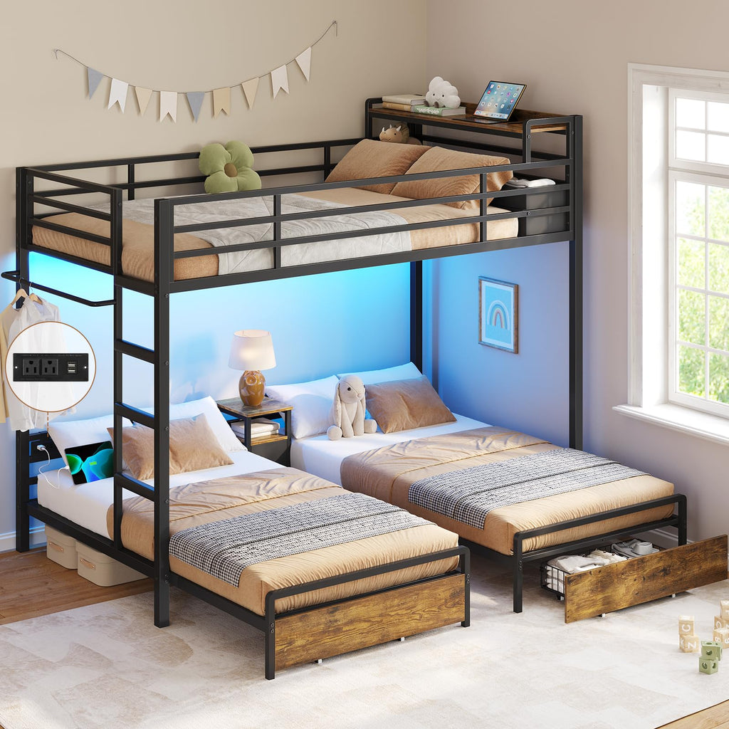 Black Twin Over Twin Triple Bunk Bed with Storage Drawers P127