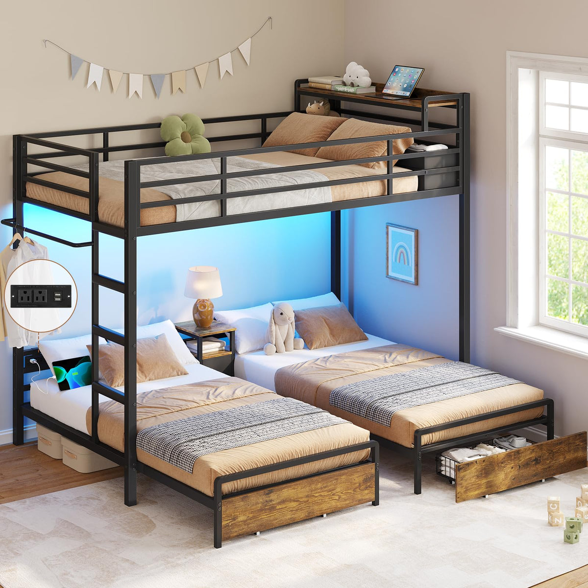 Black Twin Over Twin Triple Bunk Bed with Storage Drawers P127