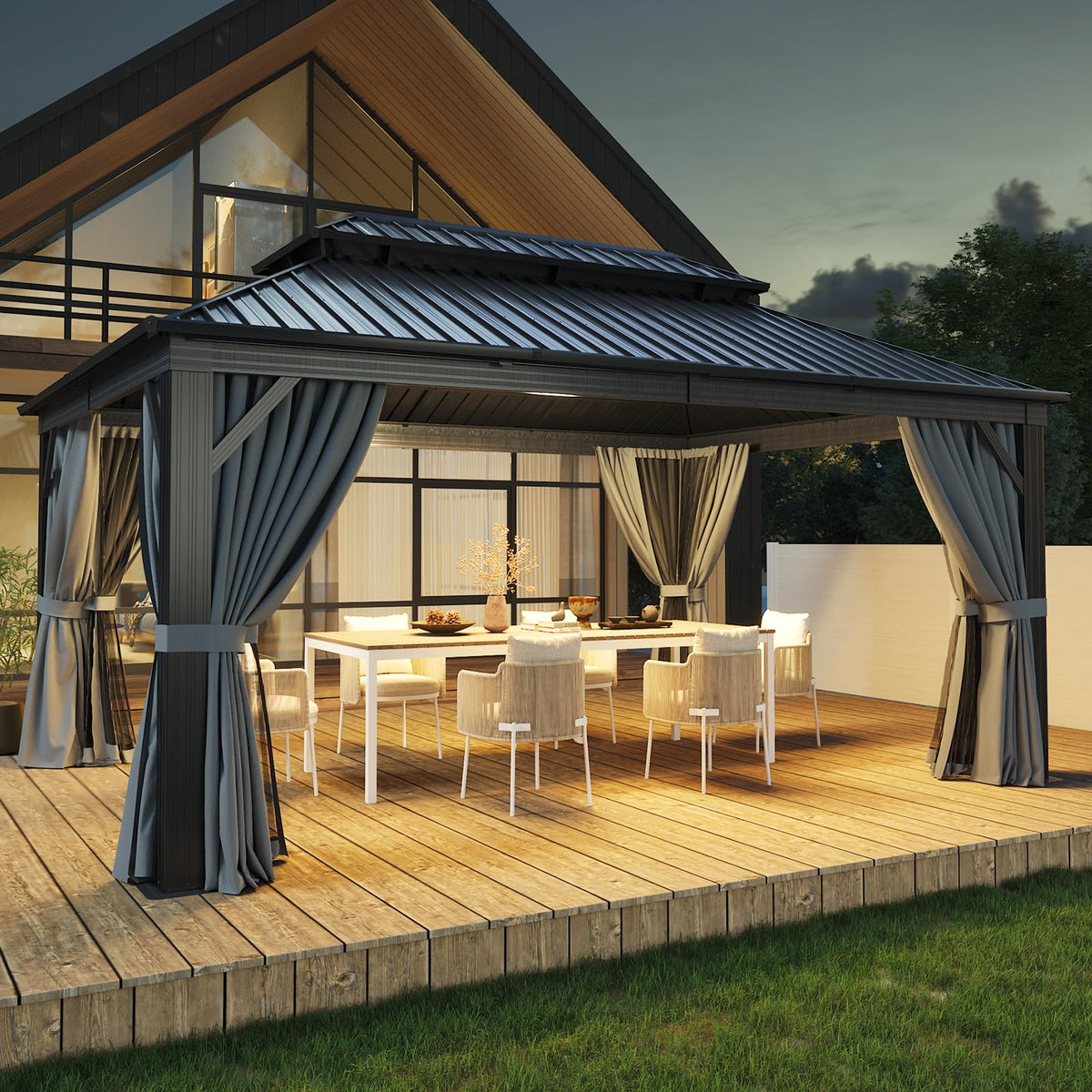 12FT X 16FT Hardtop Gazebo with Mosquito Netting and Curtains M11526