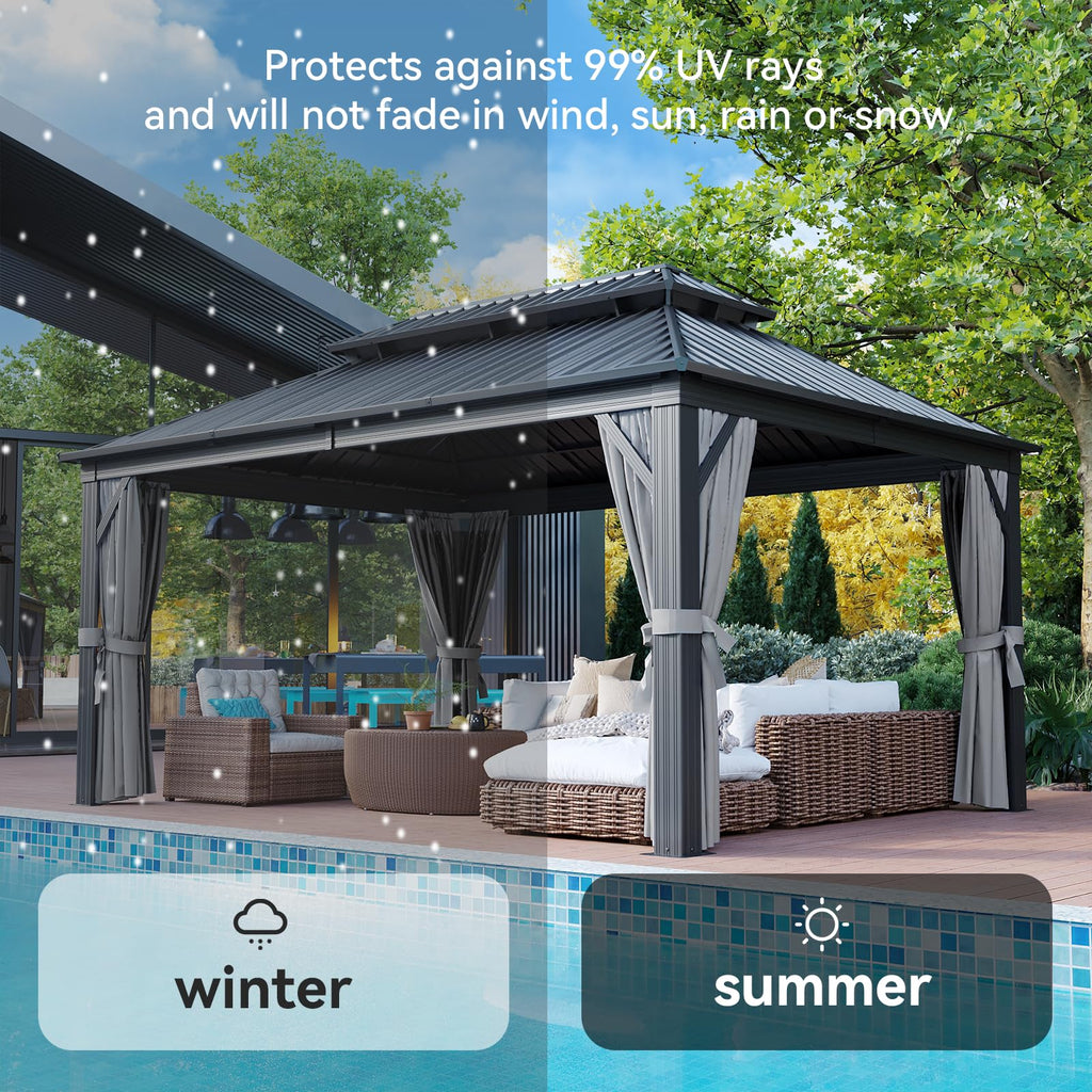 12FT X 16FT Hardtop Gazebo with Mosquito Netting and Curtains M11526