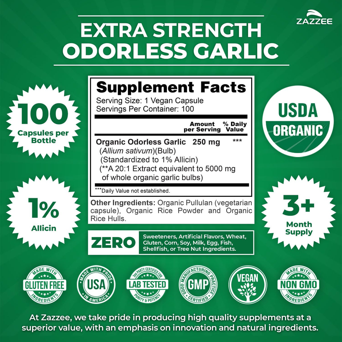 USDA Organic Odorless Garlic 20:1 Extract 100 Capsules L577020