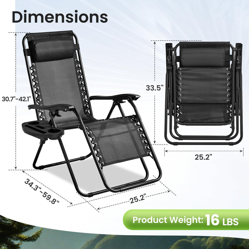 Black Set of 2 Zero Gravity Chairs with Cup Holder Tray N315