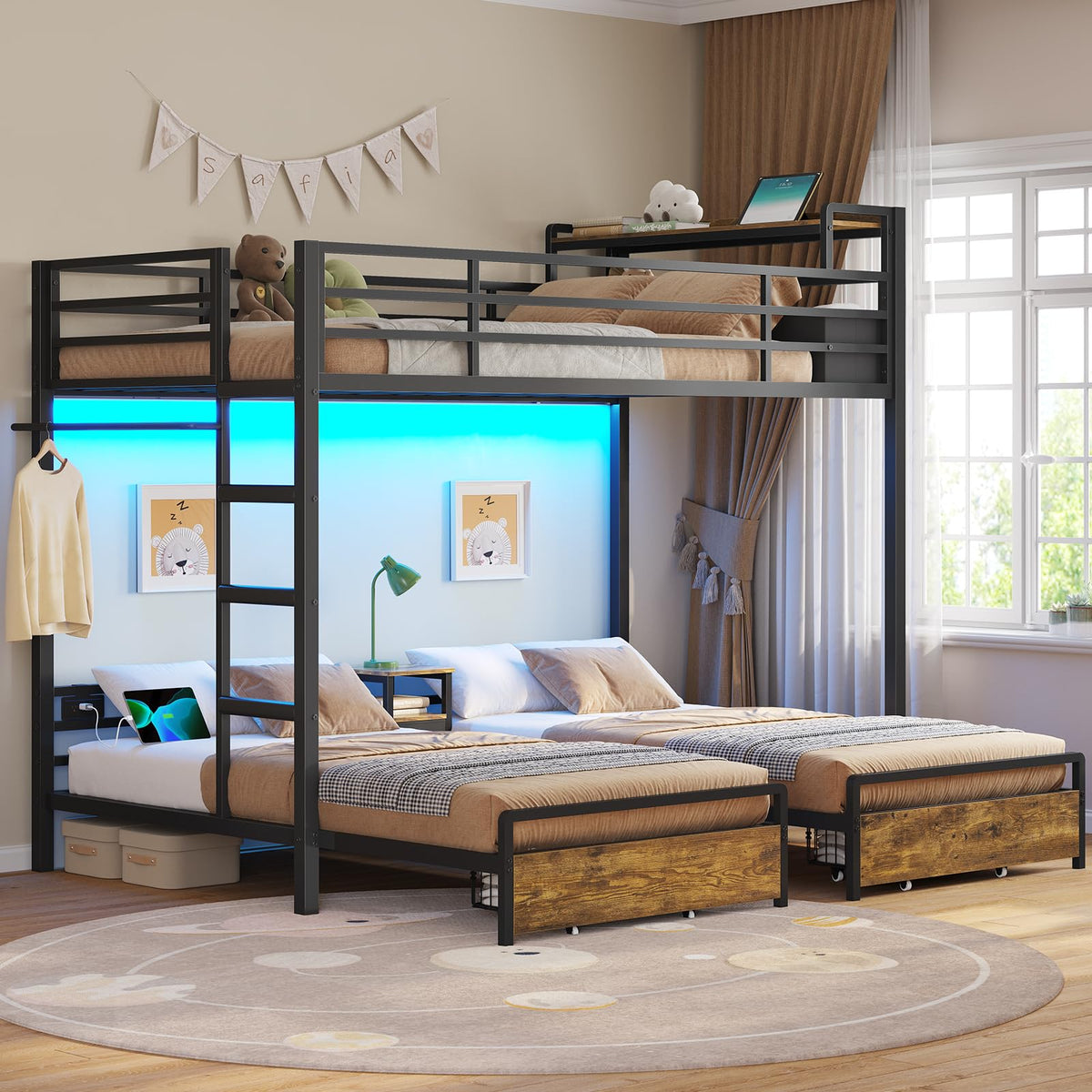 Black Twin Over Twin Triple Bunk Bed with Storage Drawers P127