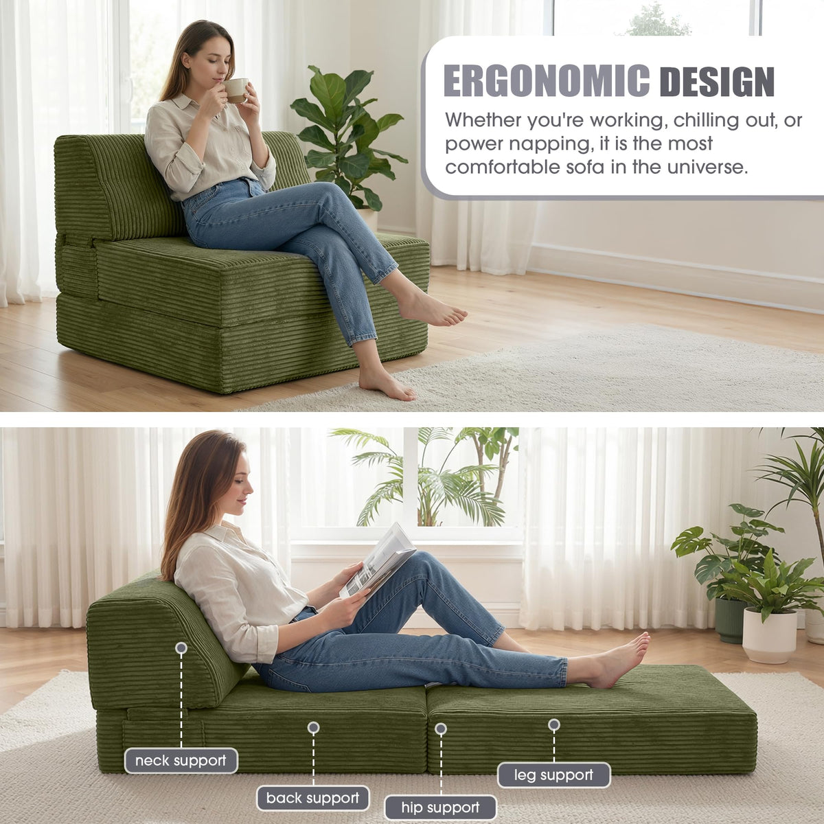 Folding Sofa Bed with Pillow, Memory Foam Sleeper Chair, Green D90865