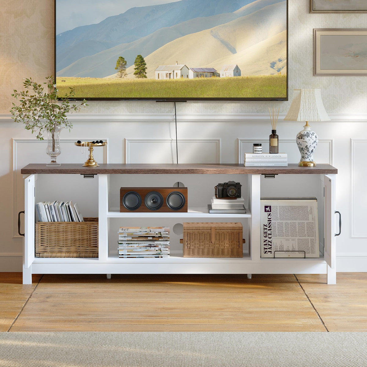 54" TV Stand with Storage Cabinet and Open Shelves T520