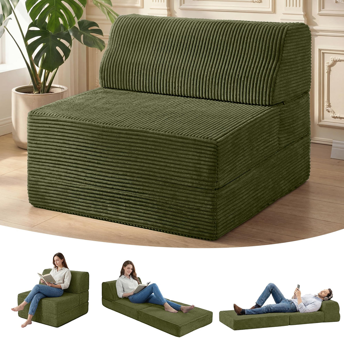 Folding Sofa Bed with Pillow, Memory Foam Sleeper Chair, Green D90865