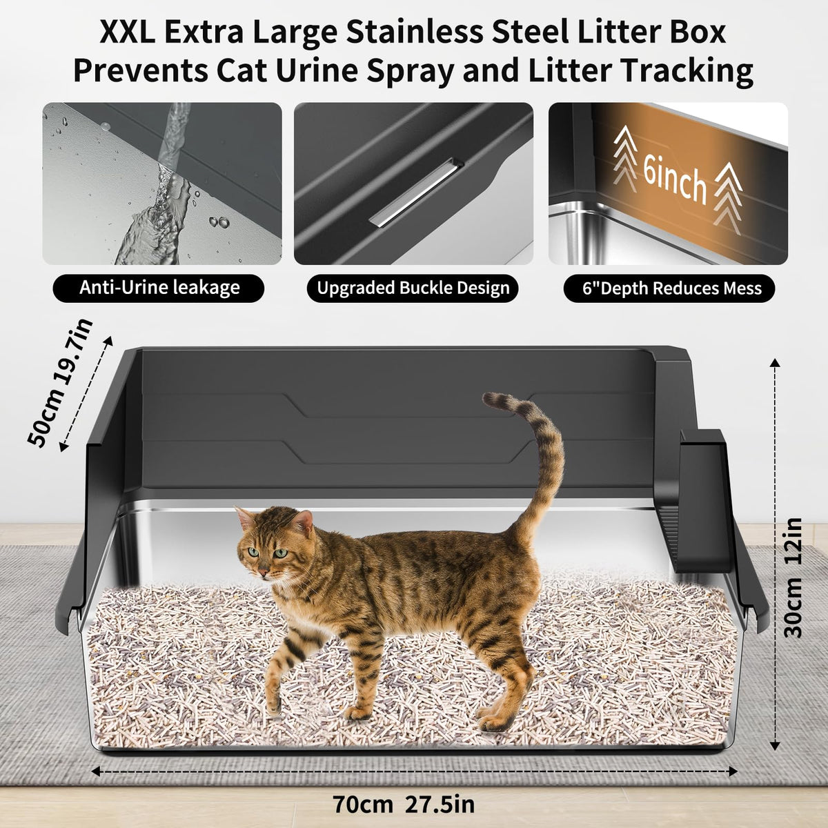 XXXL Stainless Steel Cat Litter Box with High Sides and Scoop Z893955