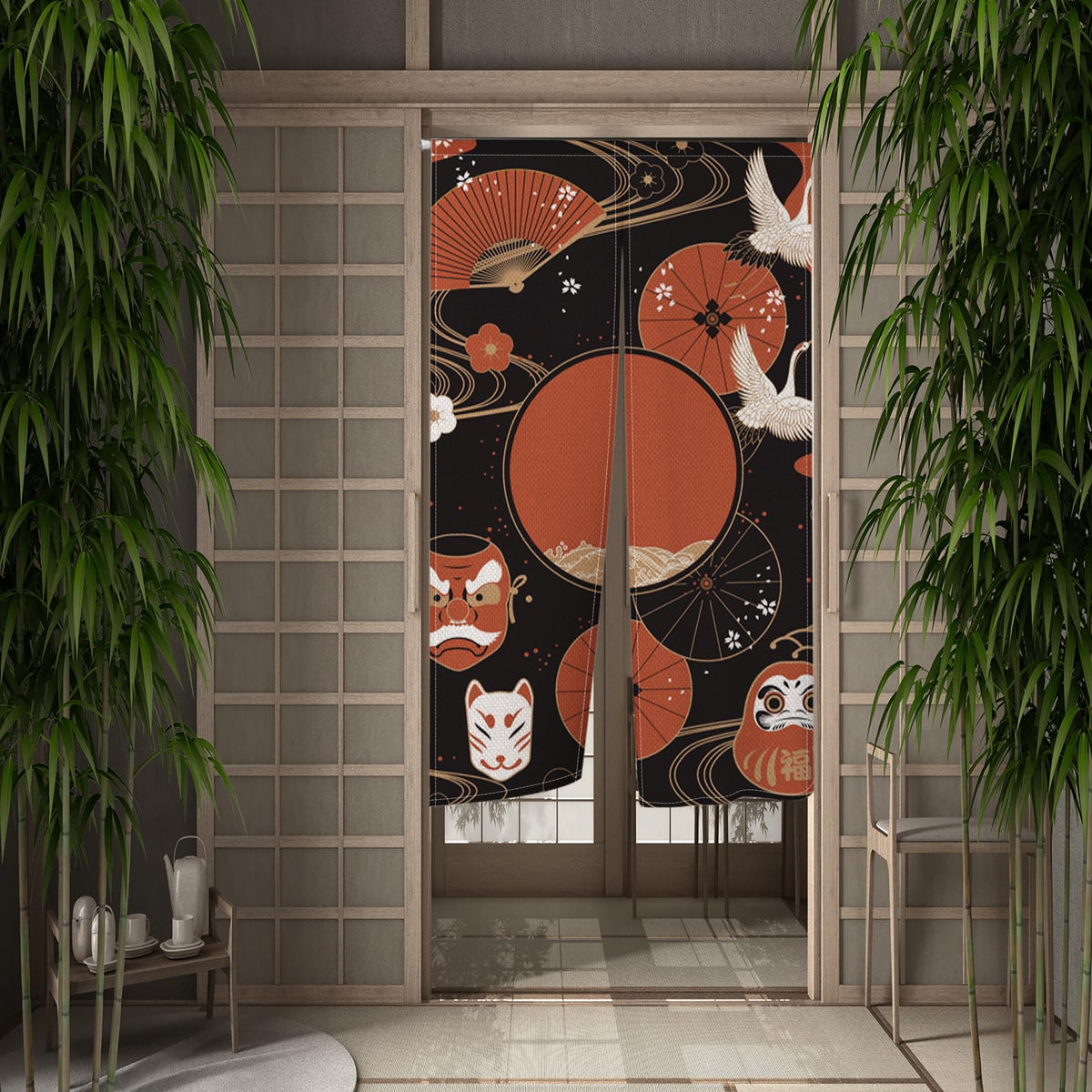 Japanese Noren Doorway Curtain Red Fan Painted Tapestry 33.5"x 70.9" O58749