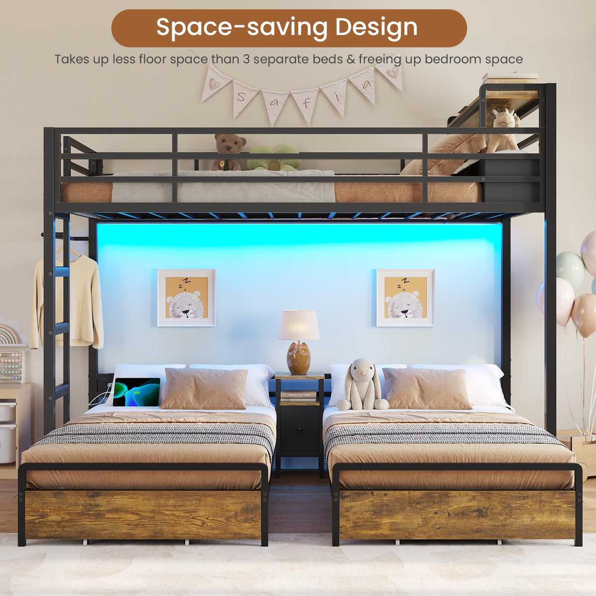 Black Twin Over Twin Triple Bunk Bed with Storage Drawers P127