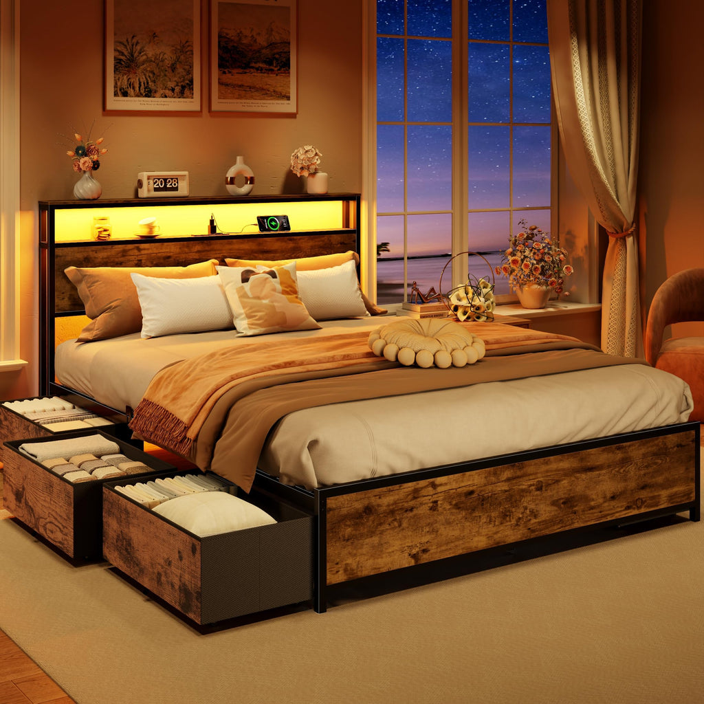 Queen Bed Frame with Storage Headboard & 6 Drawers V745