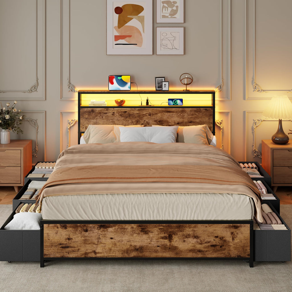 Queen Bed Frame with Storage Headboard & 6 Drawers V745