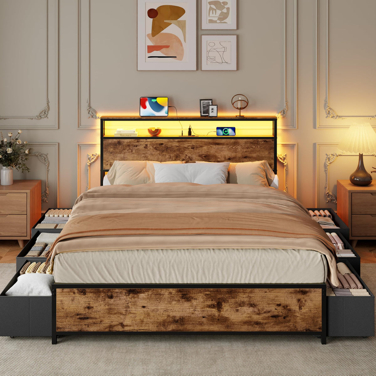 Queen Bed Frame with Storage Headboard & 6 Drawers V745