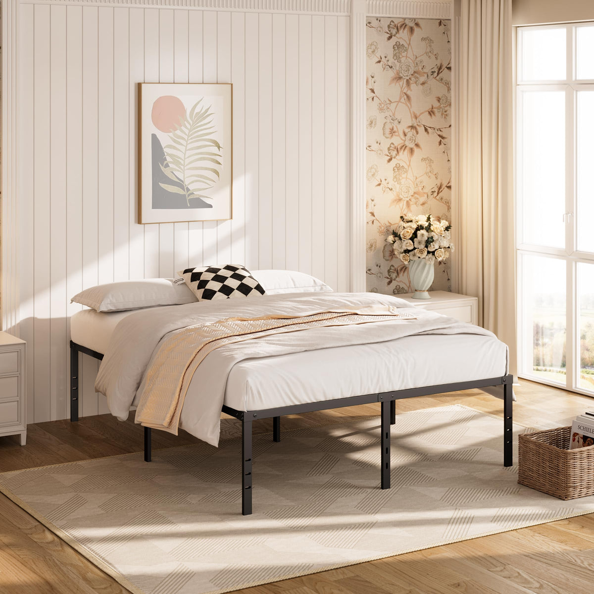 Queen Size Platform Bed Frame Steel Slat Support Black Z7781