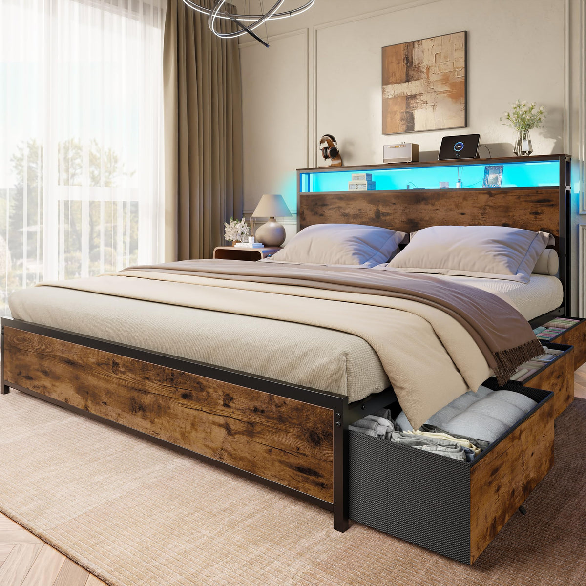 Queen Bed Frame with Storage Headboard & 6 Drawers V745