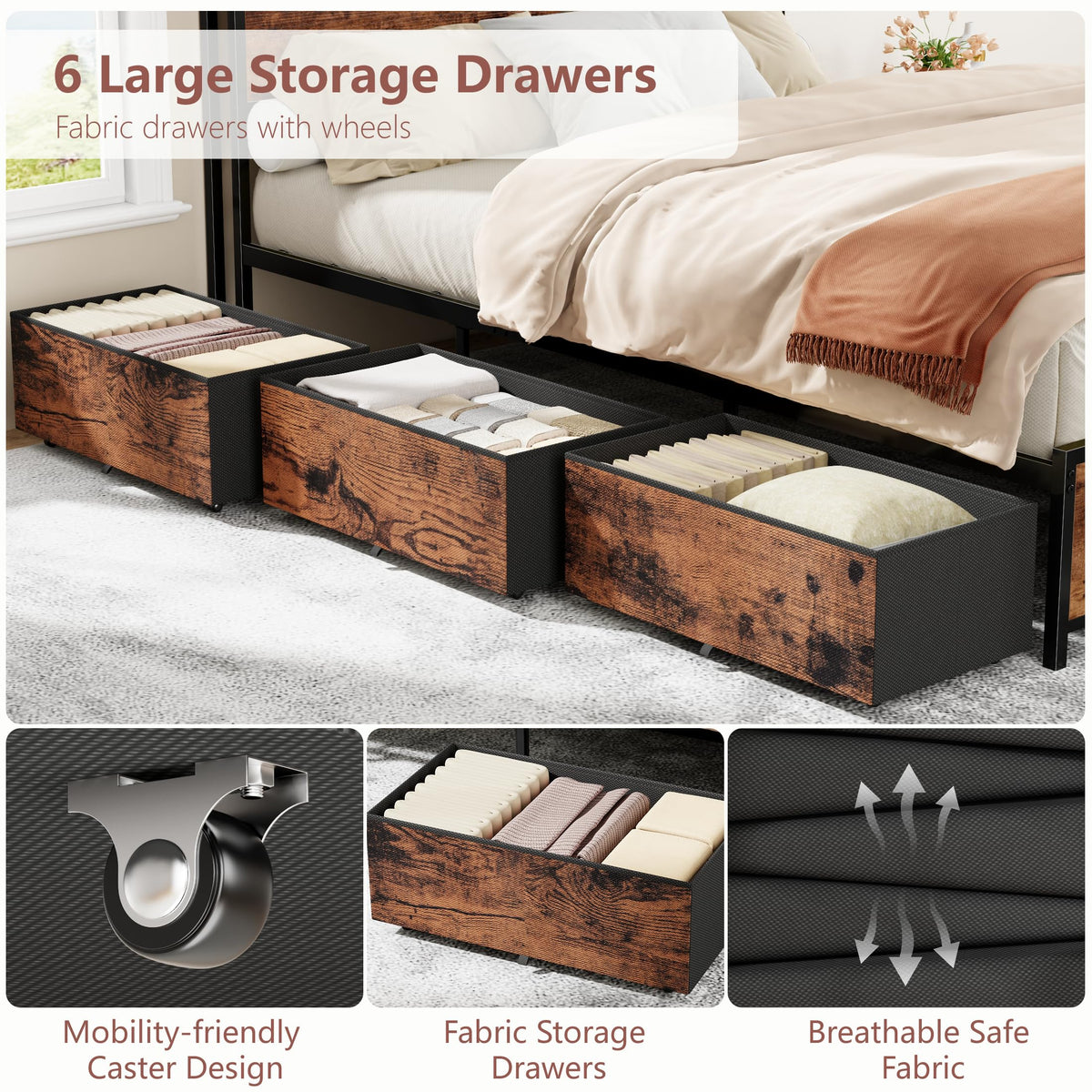 Queen Bed Frame with Storage Headboard & 6 Drawers V745